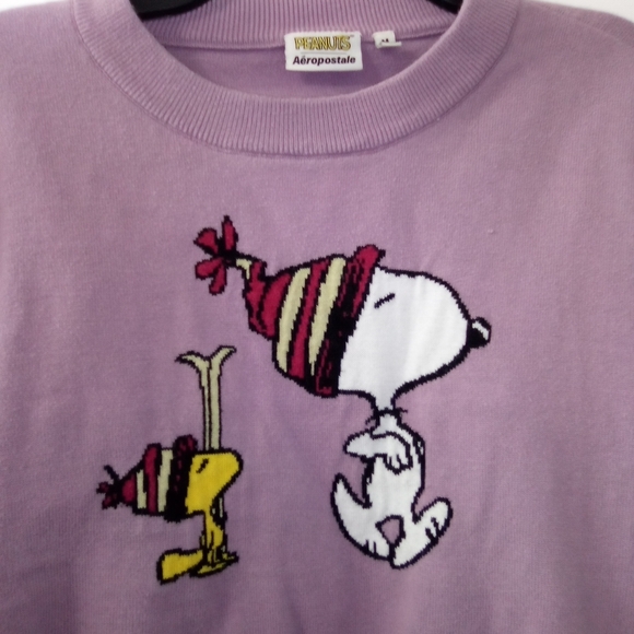90s Style Aeropostale Lavender Snoopy & Woodstock Cropped Sweater Size Medium - Picture 2 of 6